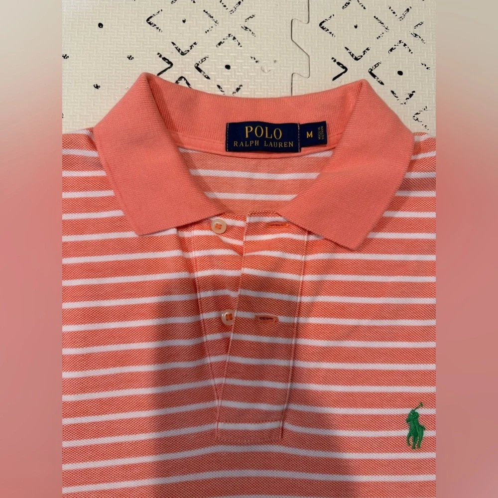 Polo Ralph Lauren Polo Mens Medium Peach & White Striped Short Sleeve Green Pony